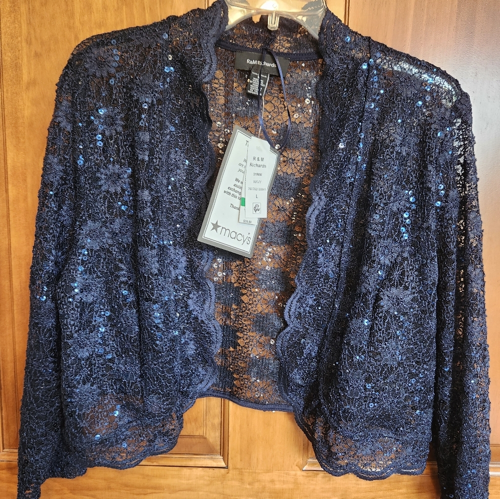 NWT RM Richard's Navy Shrug Sequin Jacket.   Size L.   Very beautiful.